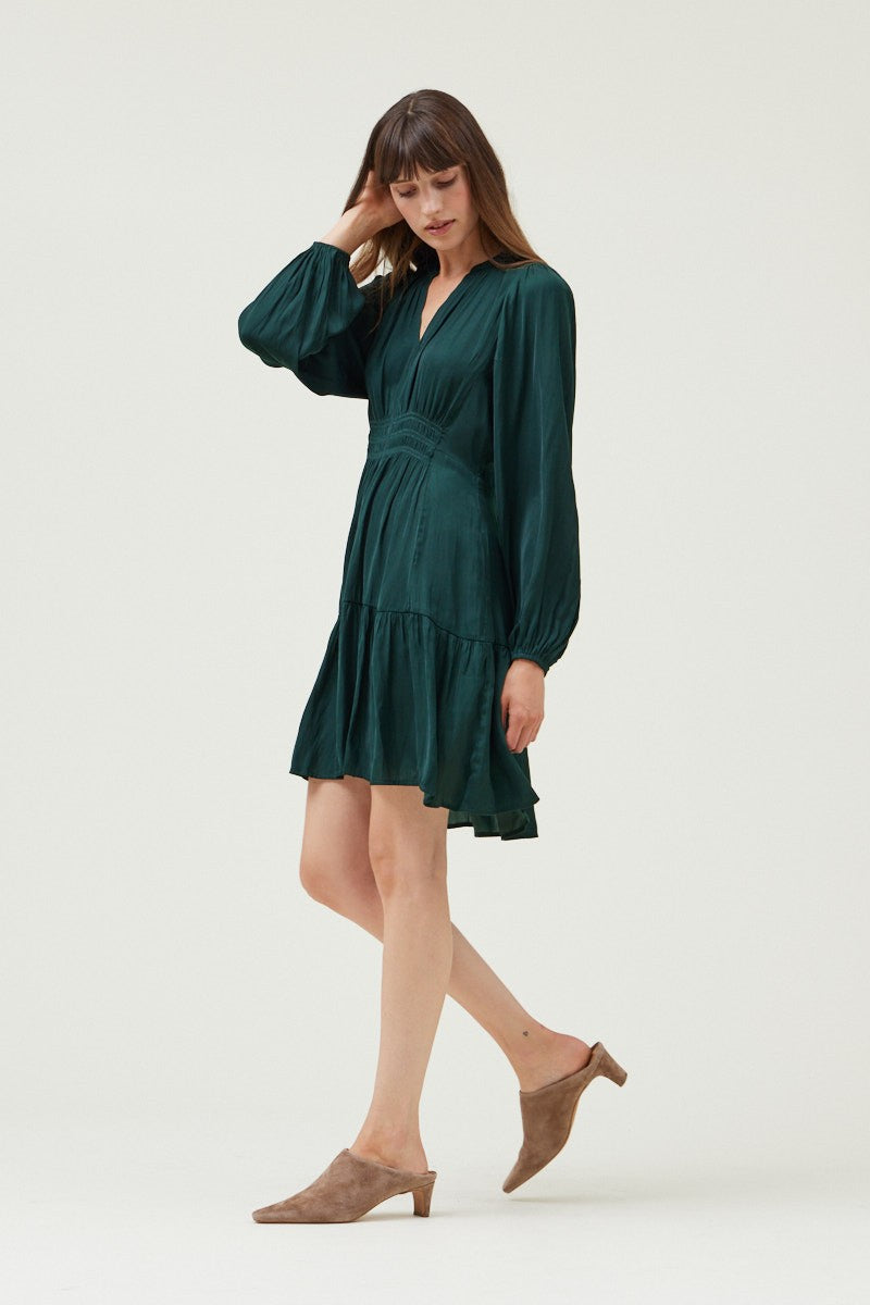 Smock Waist Detail Long Sleeve Satin Mini Dress Deep Emerald