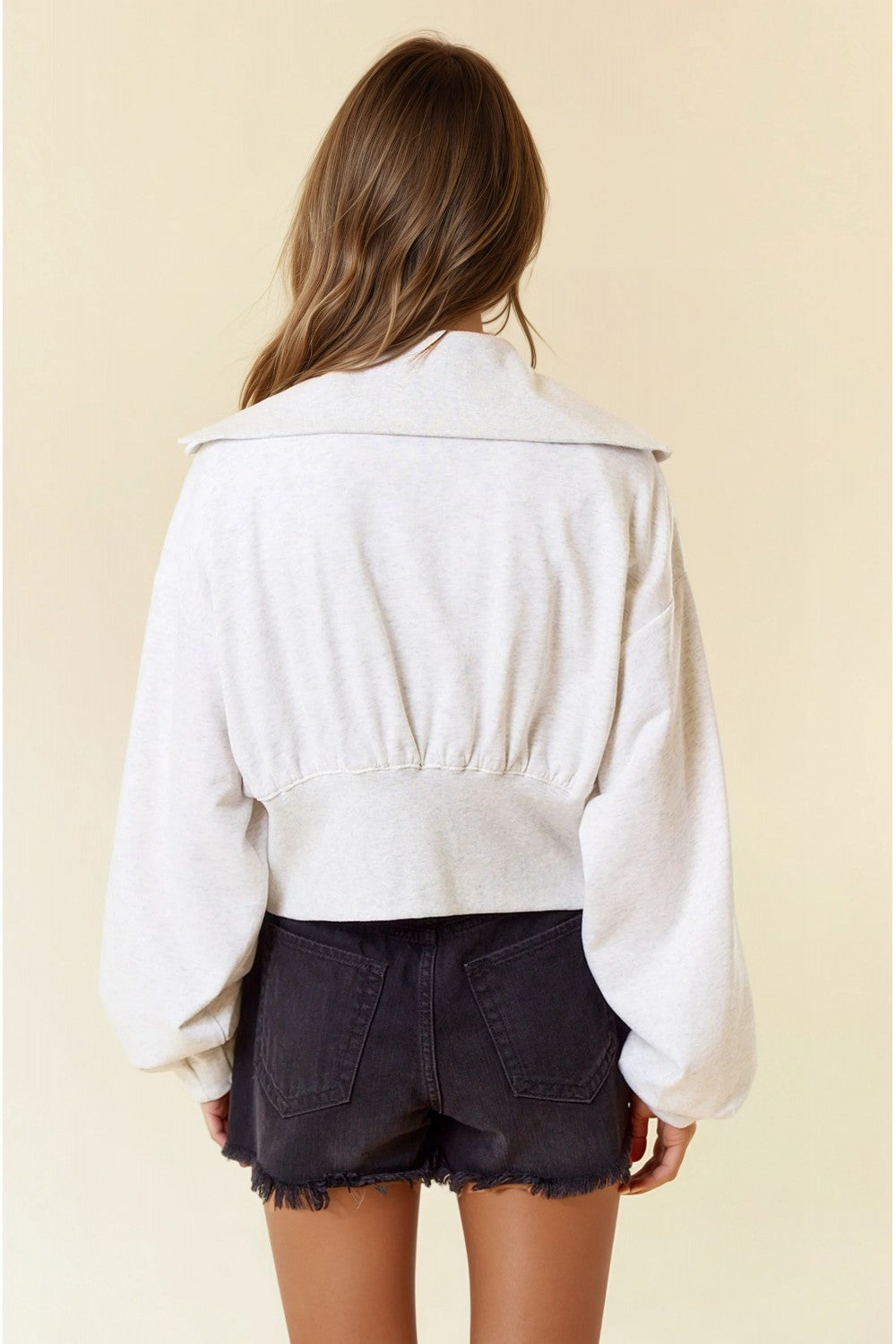 Front Zip Asymmetric Seam Details Crop Jacket Light Heather Grey