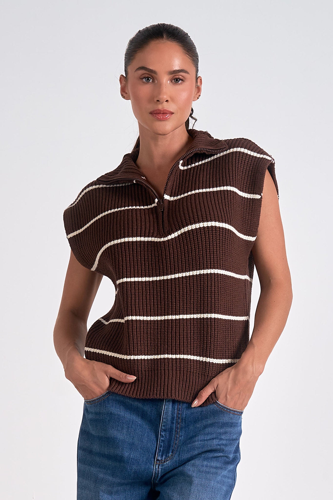 Striped Cap Sleeveless Quarter Zip Sweater Brown + Beige