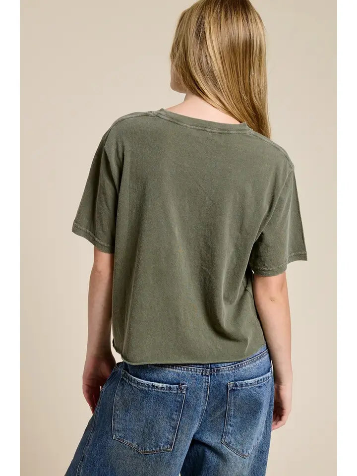 Rock N Roll World Tour Raw Hem Crop Tee Olive