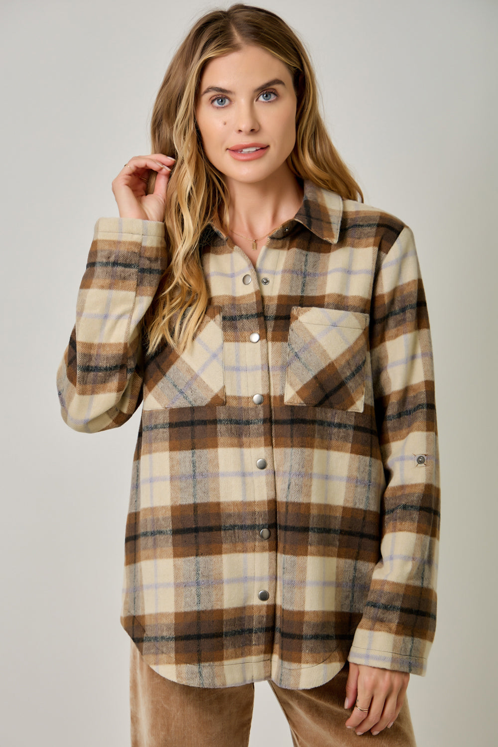 Cozy Brushed Plaid Shirt Jacket Toffee