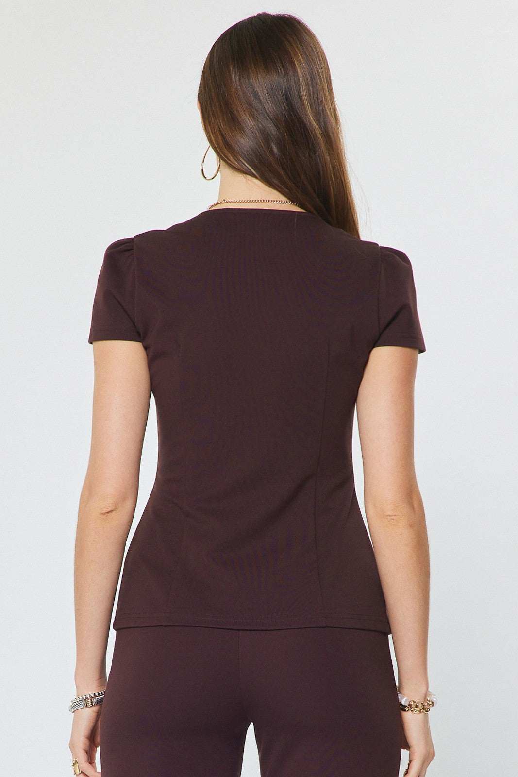 Tailored Ruched Shoulder Buttoned Top Chocolate