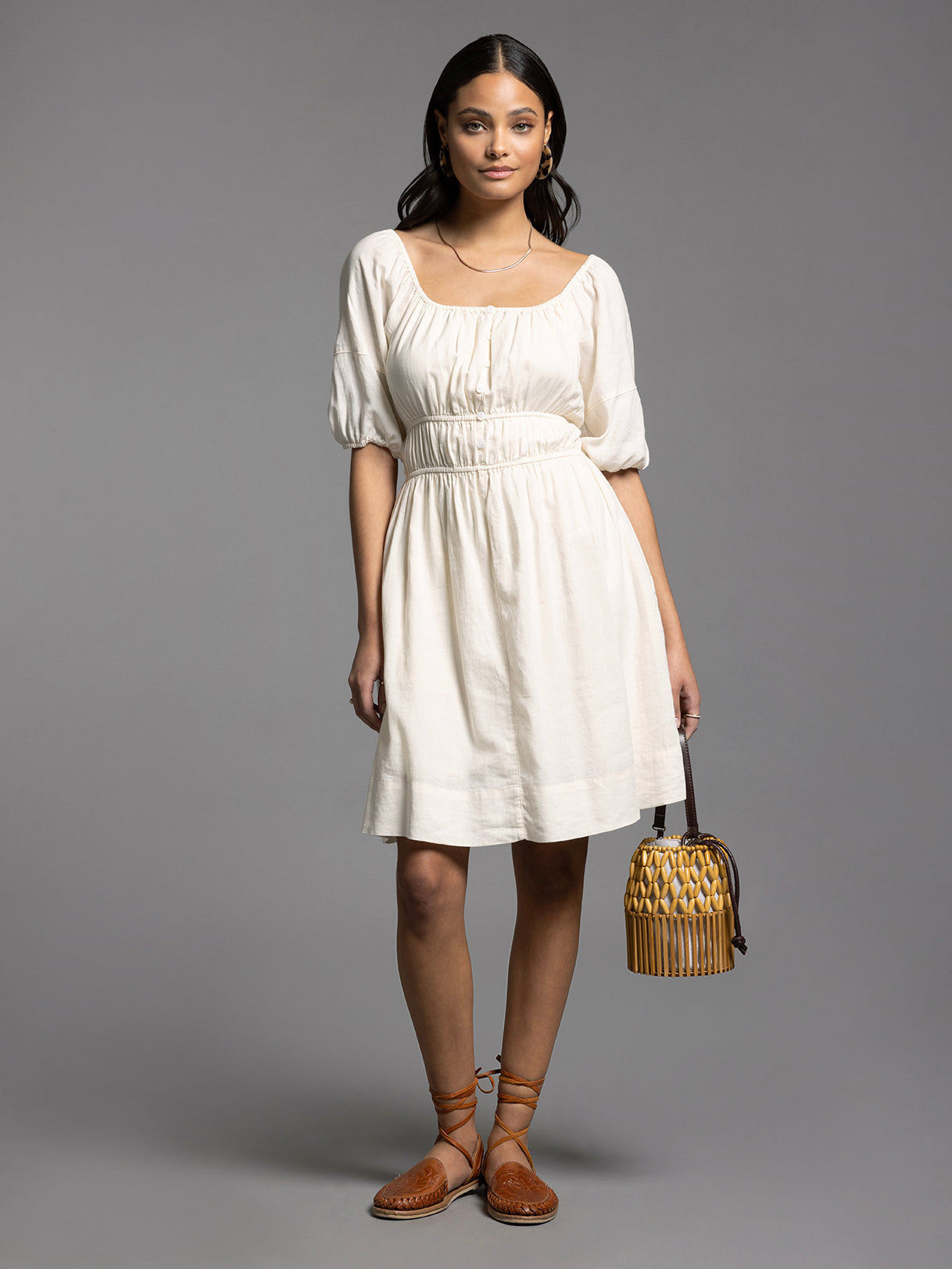 Bardot Gathered Waist Button Detail Dress Creme