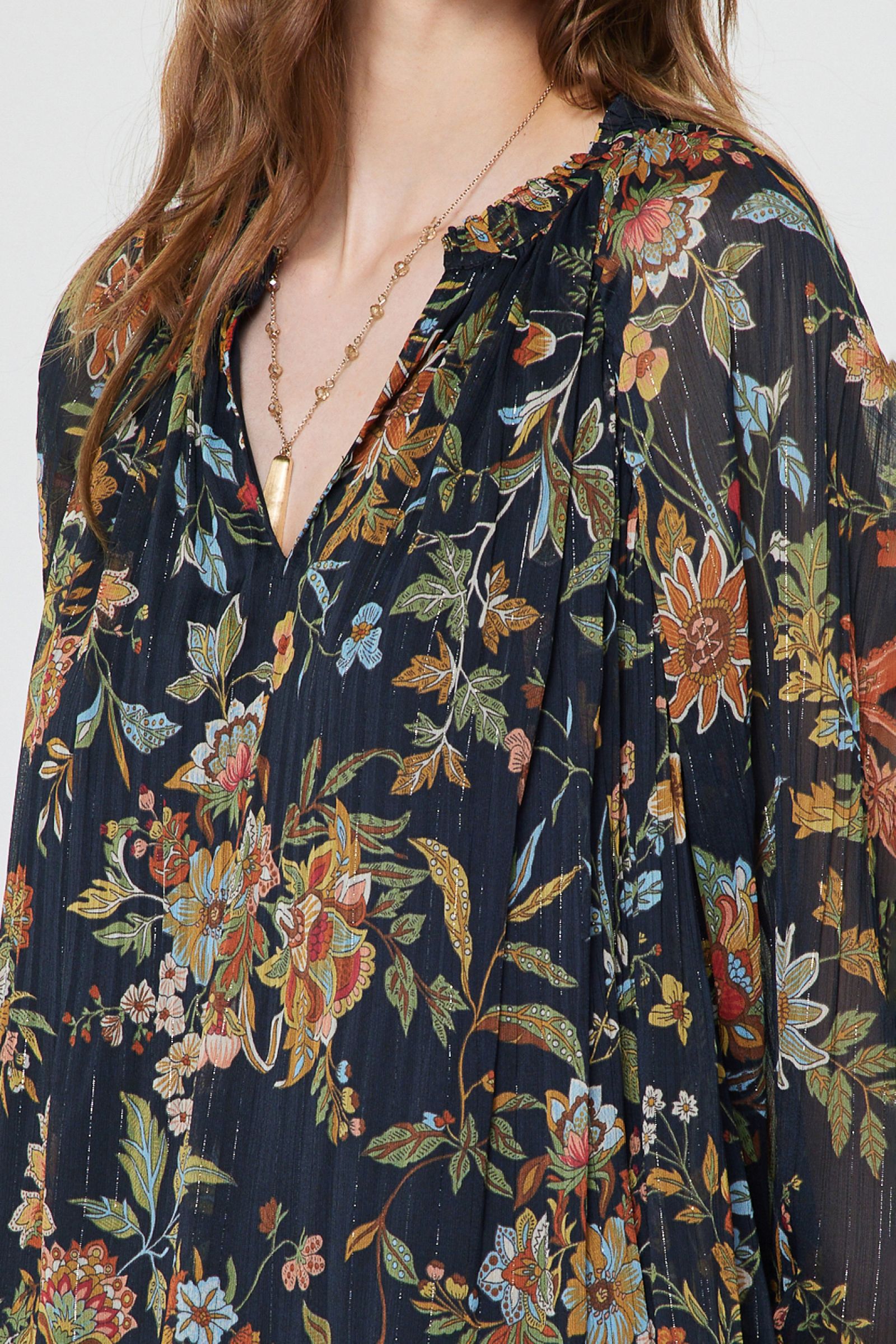 Botanical Floral Printed Shimmer Stripe Blouse Navy Multi