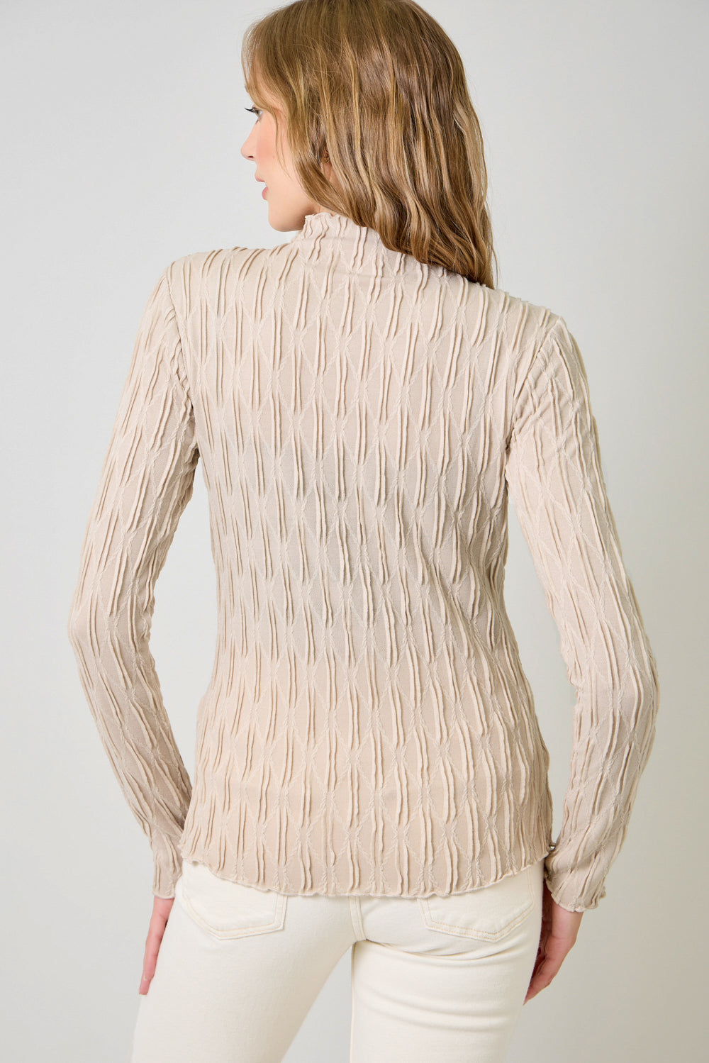 Lettuce Edge Textured Knit Top Almond