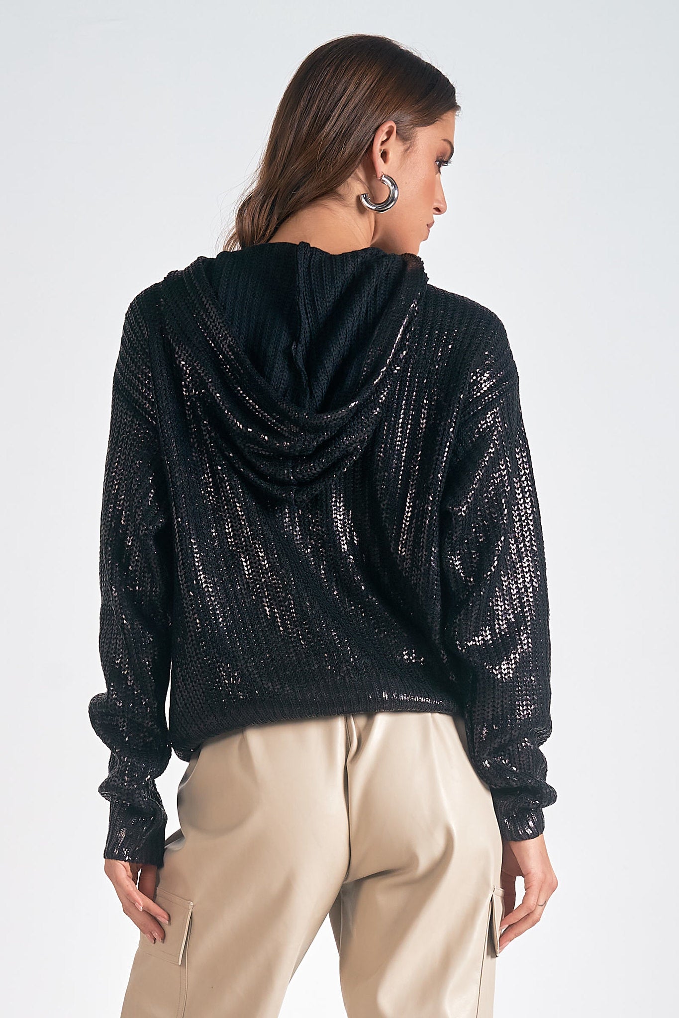 Metallic Sweater Knit Hoodie Black