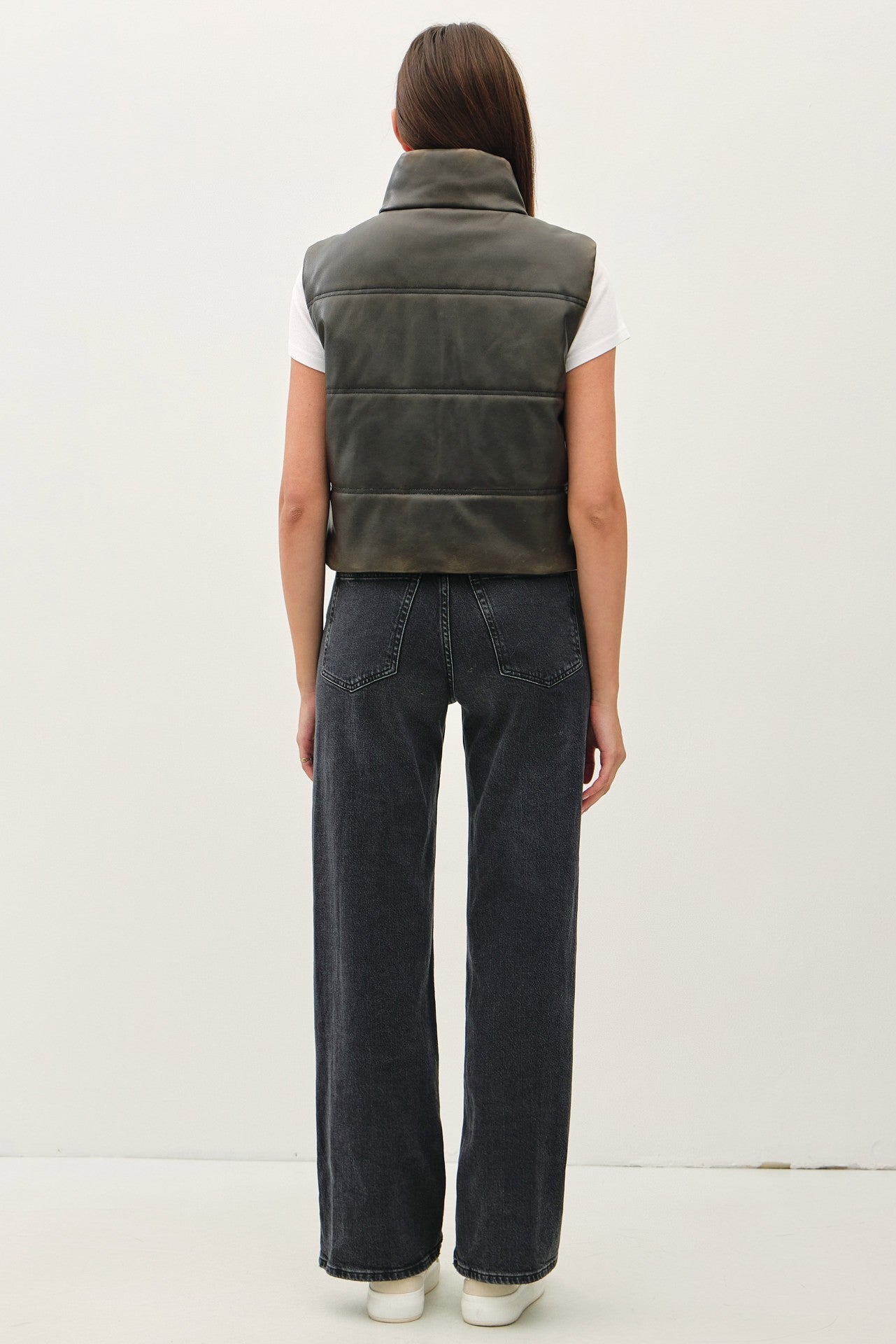 Distressed Leather Puffer Vest Charcoal