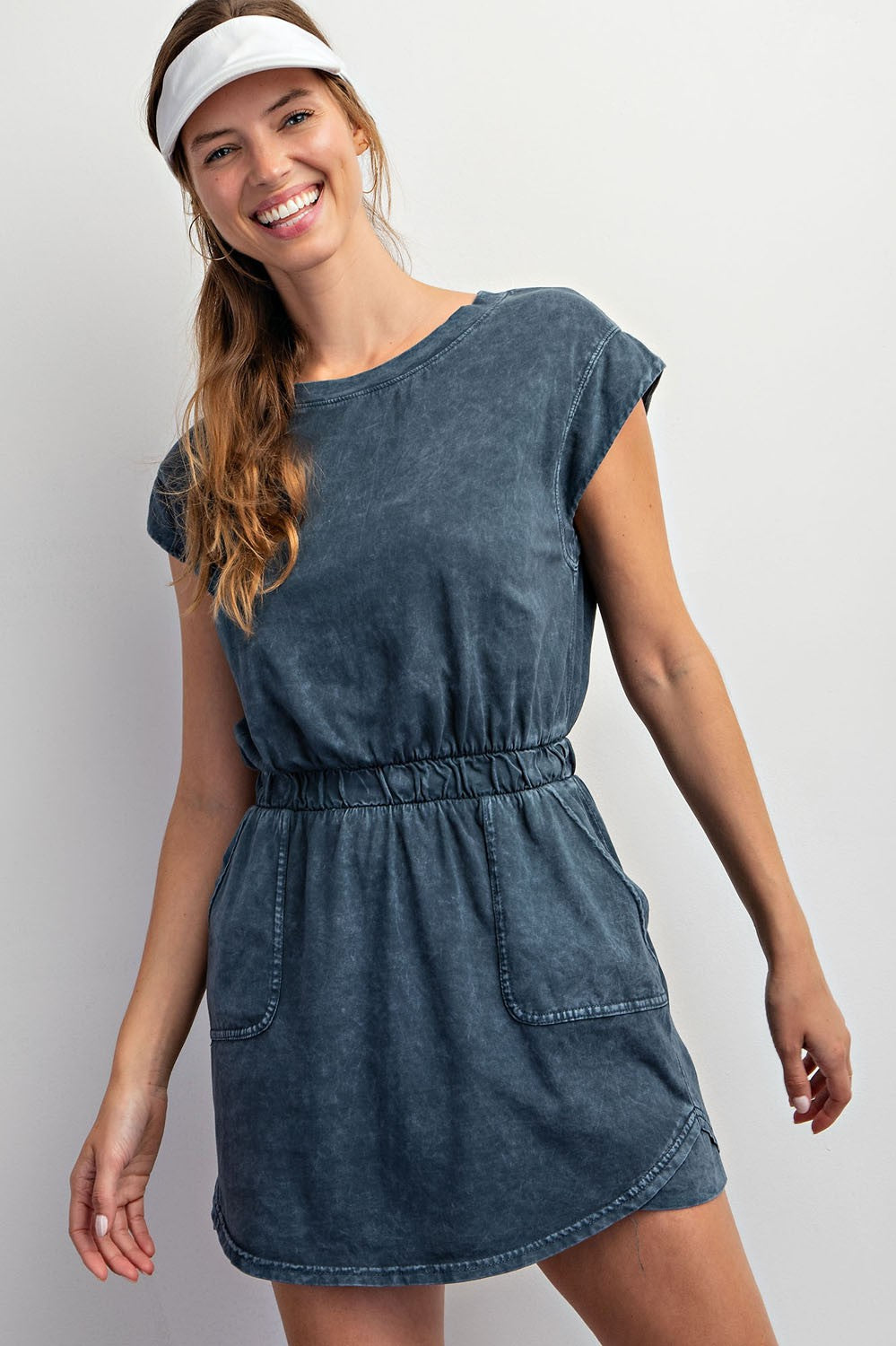Short Sleeve Rounded Hem Elastic Waist Dress Slate Blue