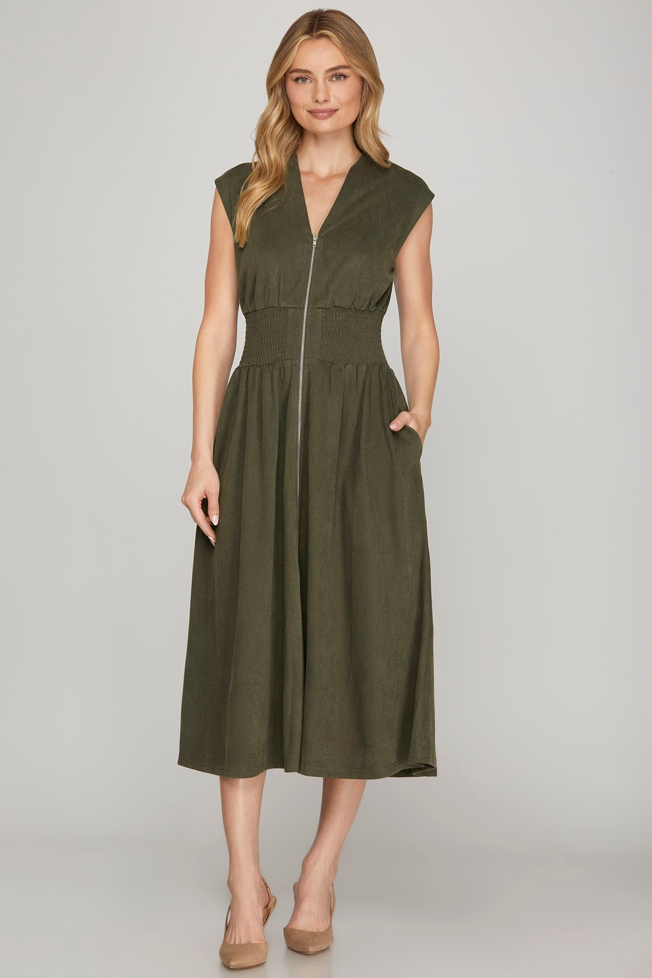 Suede Twill Smocked Waist Zipper Midi Dress Olive