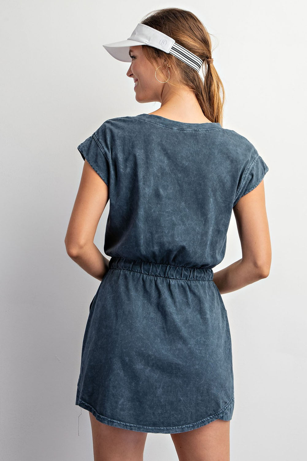 Short Sleeve Rounded Hem Elastic Waist Dress Slate Blue