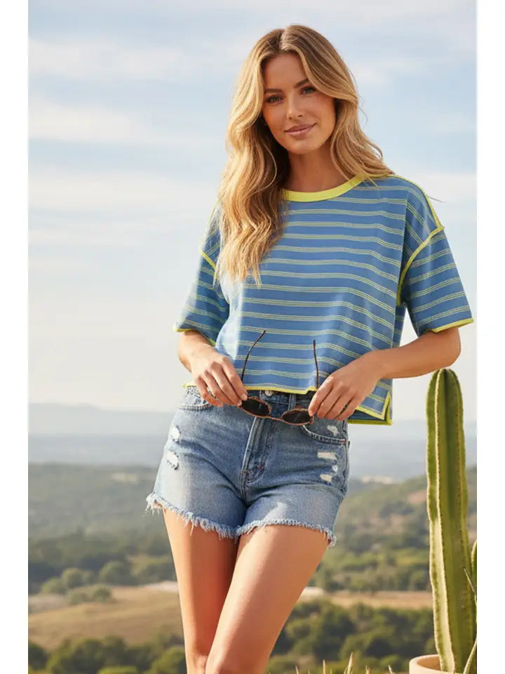 Retro Stripe Relaxed Oversized Top Blue Combo