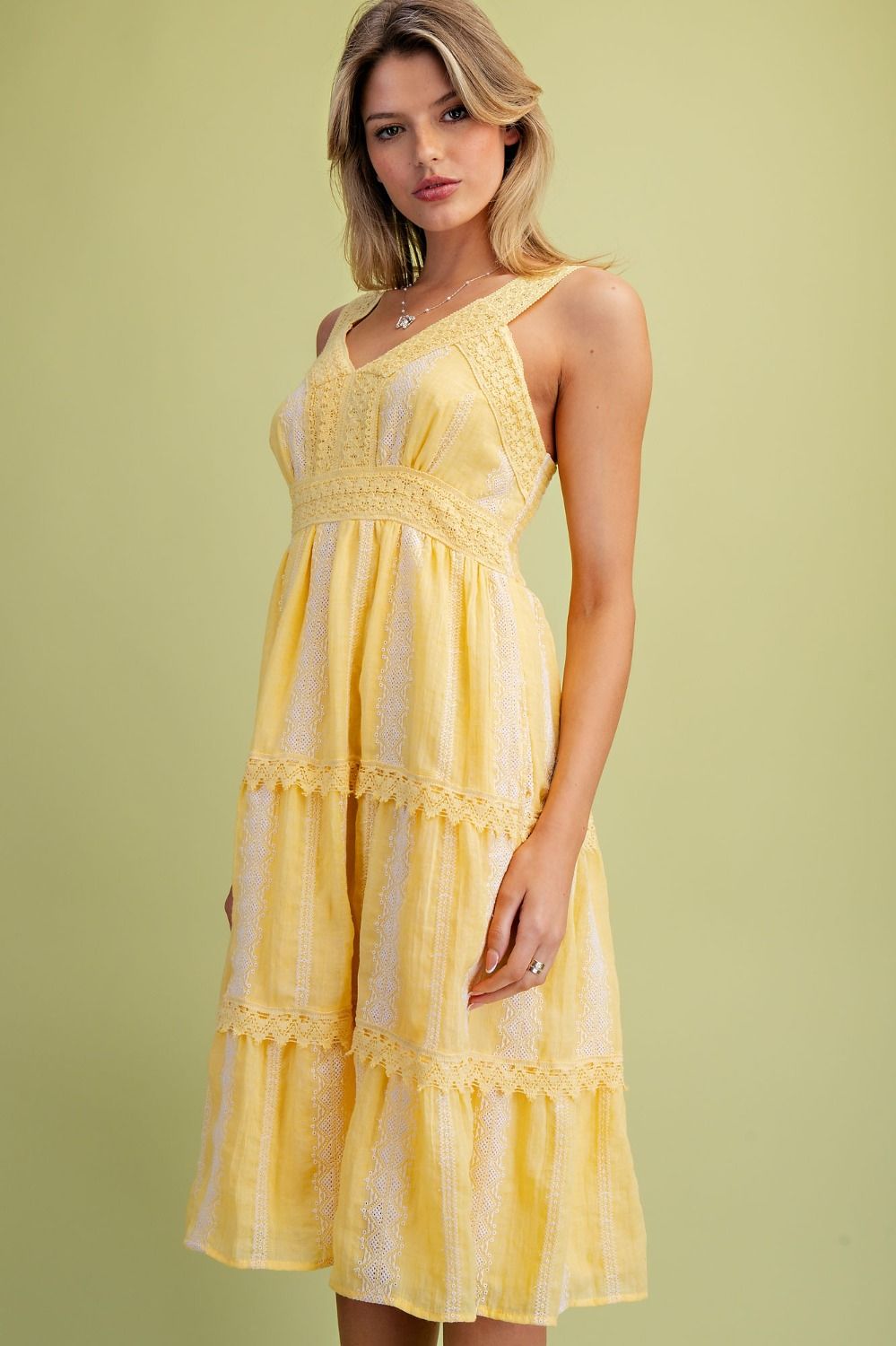Crochet Embroidered Detailing Tiered Dress Yellow