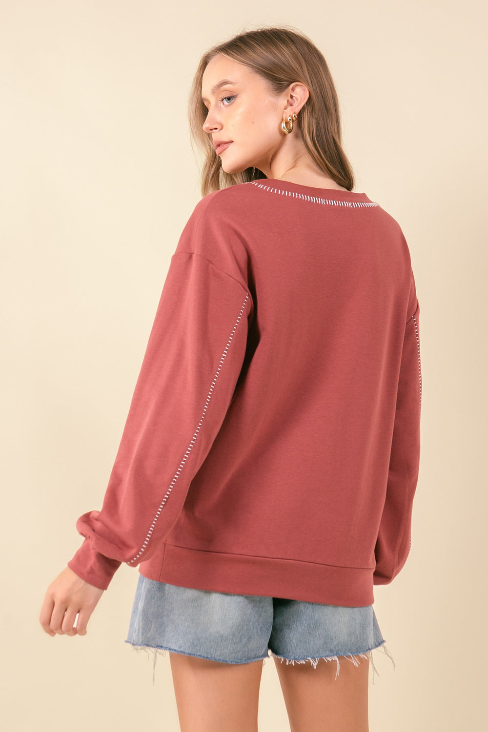 Whipstitched Details Vneck Sweatshirt Burnt Umber