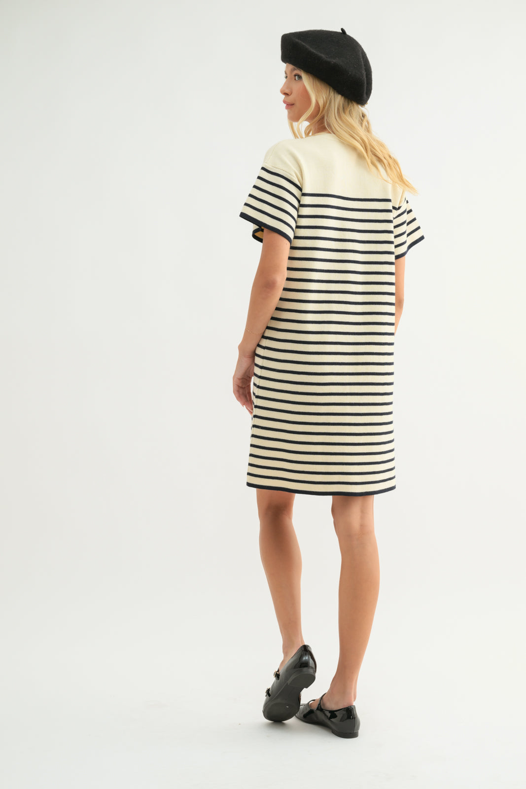 Striped Tshirt Sweater Dress Cream + Black