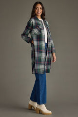 Plaid Long Shacket Navy, Green + Red