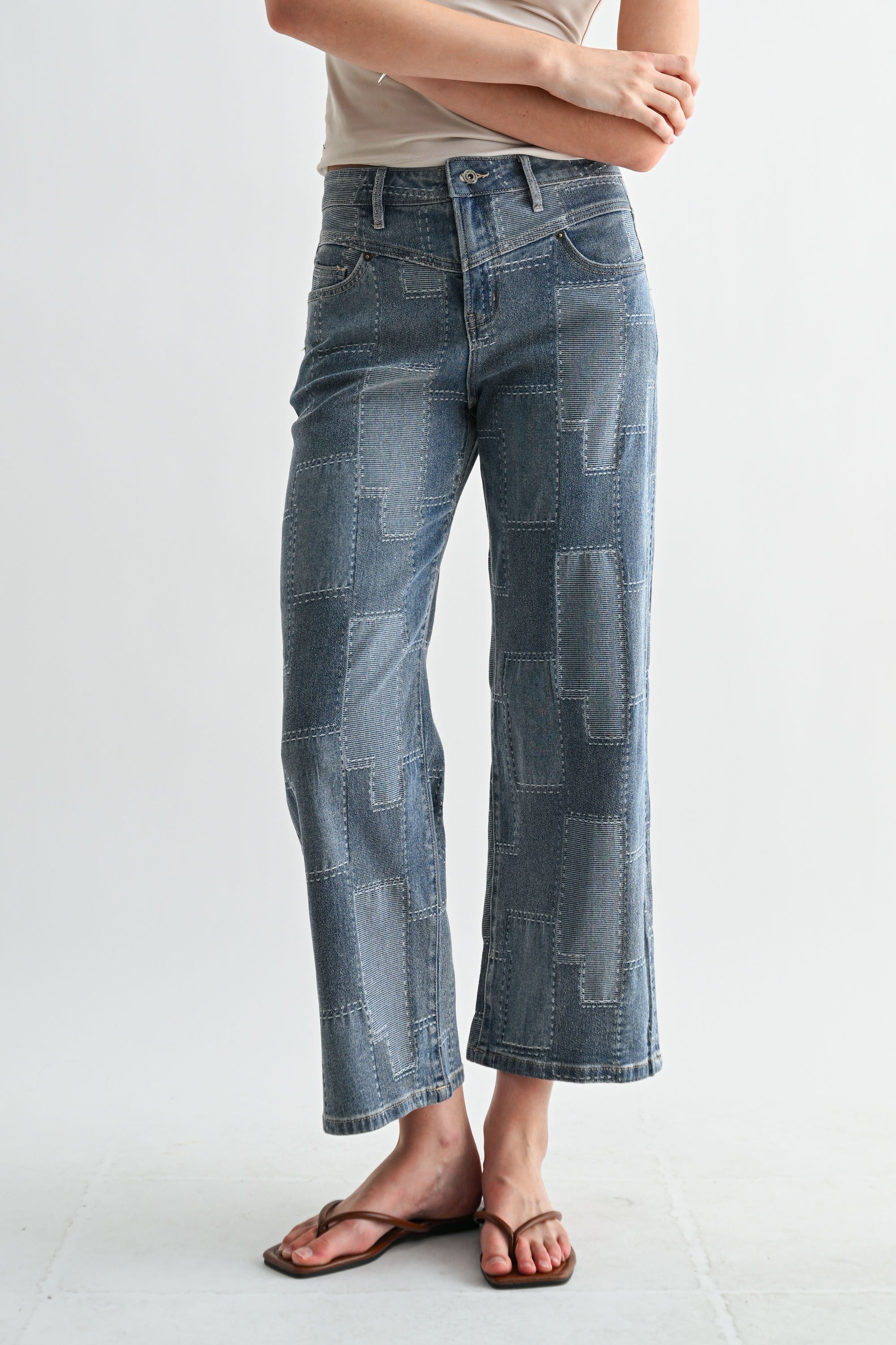 High Rise Patchwork Wide Leg Ankle Jeans Patch Blue