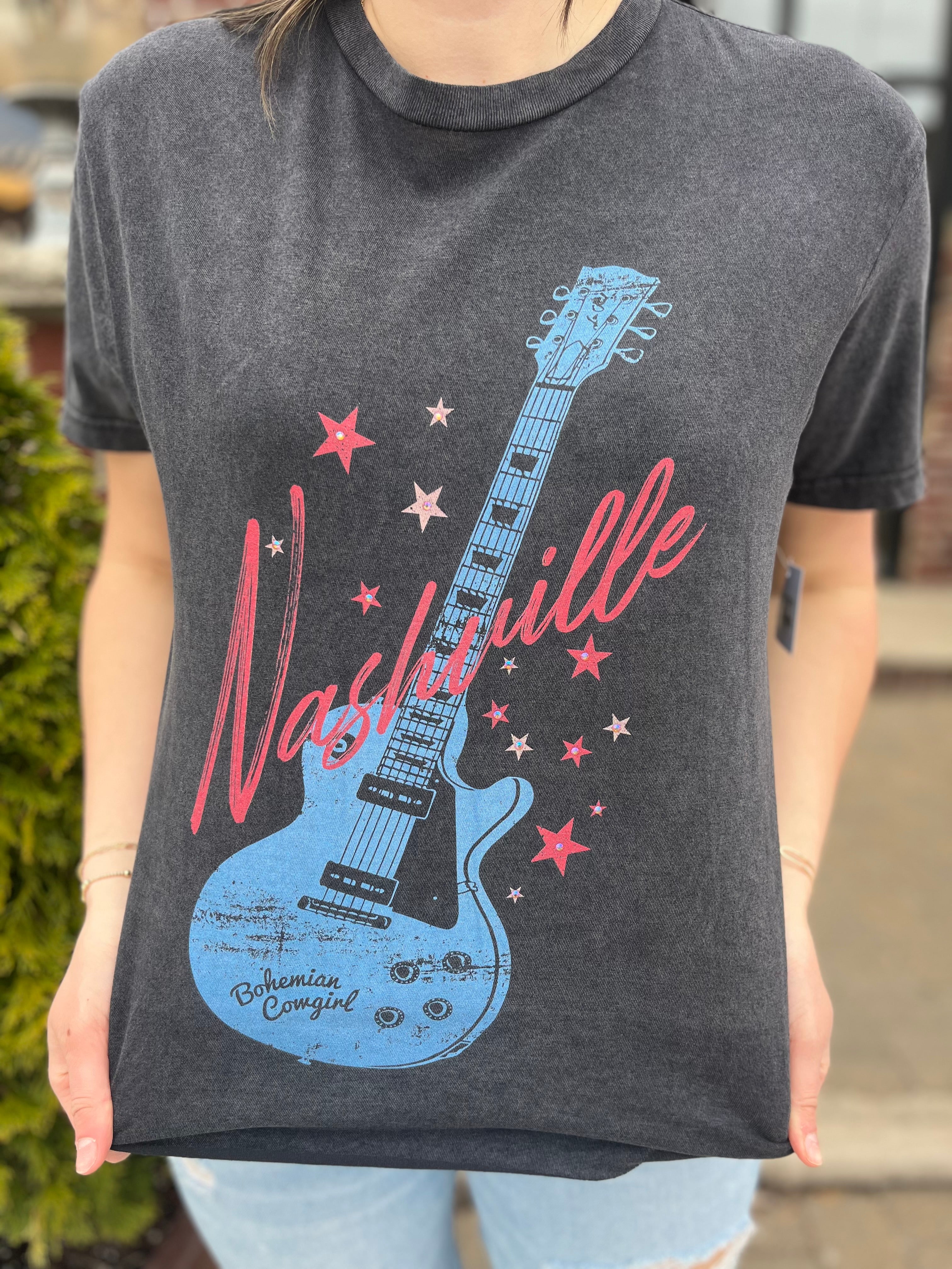 Nashville Guitar Crystals Long Crop Tee Black Wash