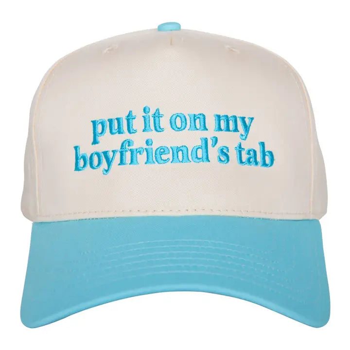 Put It On My Boyfriend's Tab Two Tone Trucker Hat Aqua + Tan