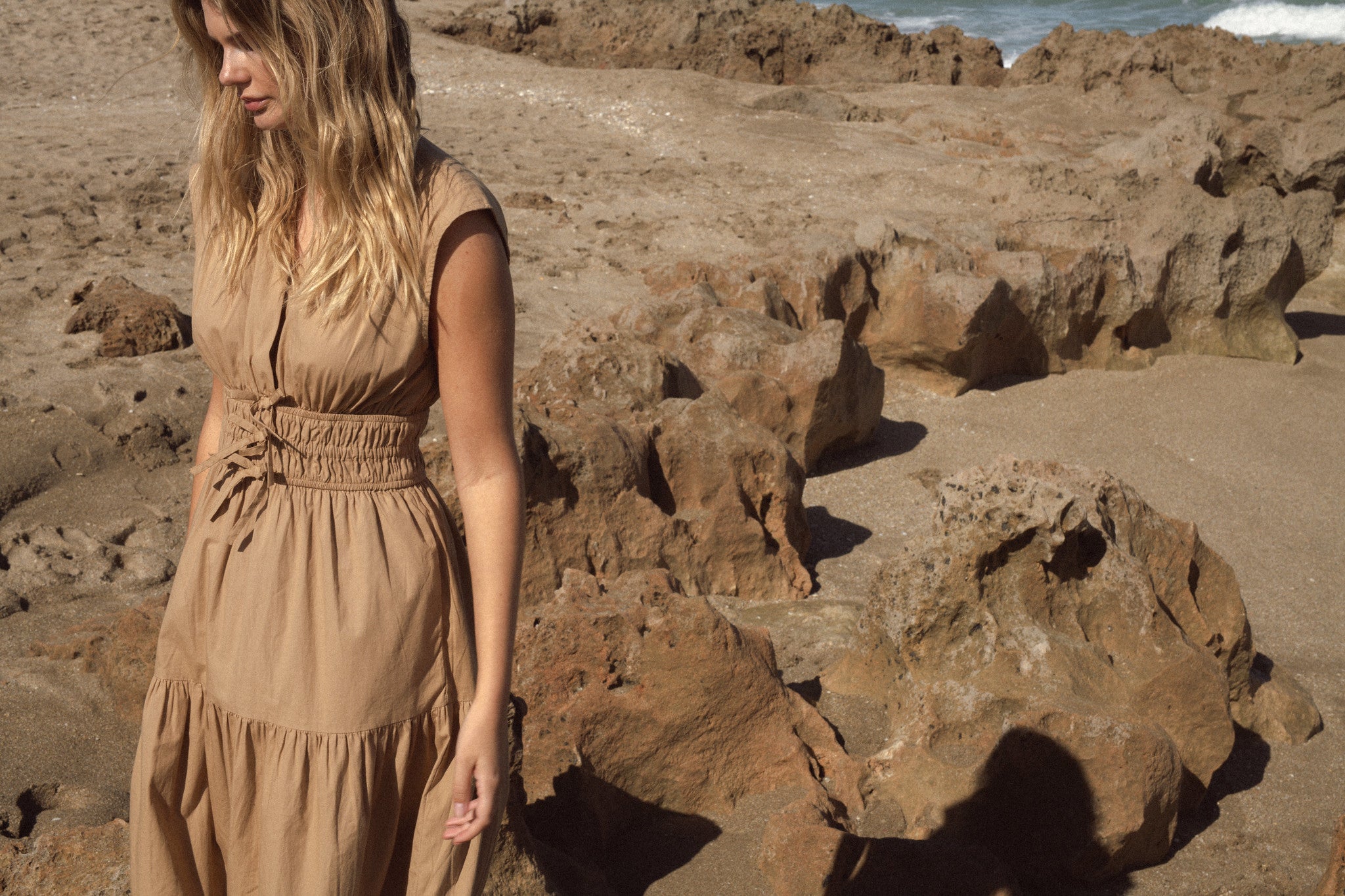Triple Bow Waist Detail Cap Shoulder Midi Dress Taupe