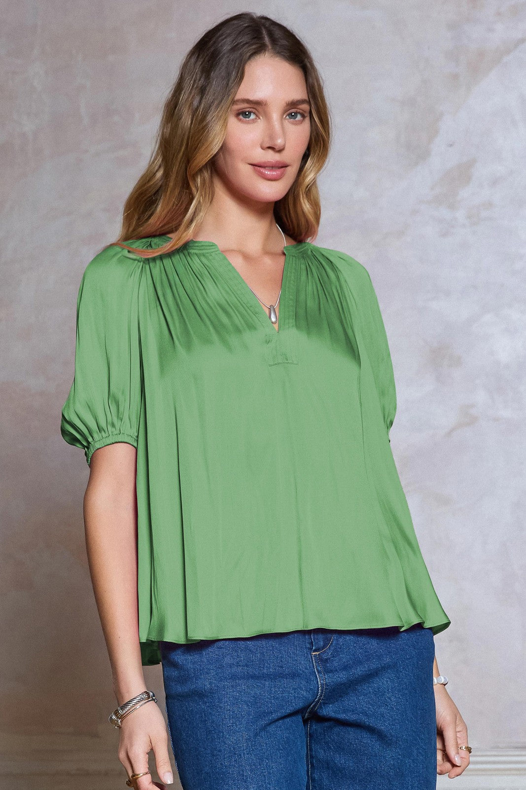 Vneck Puff Half Sleeve Satin Blouse Meadow Green