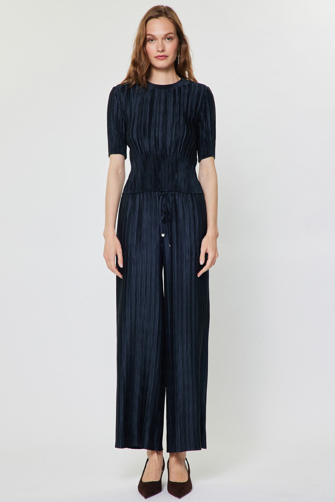 Crinkle Pleated Satin Pants Navy