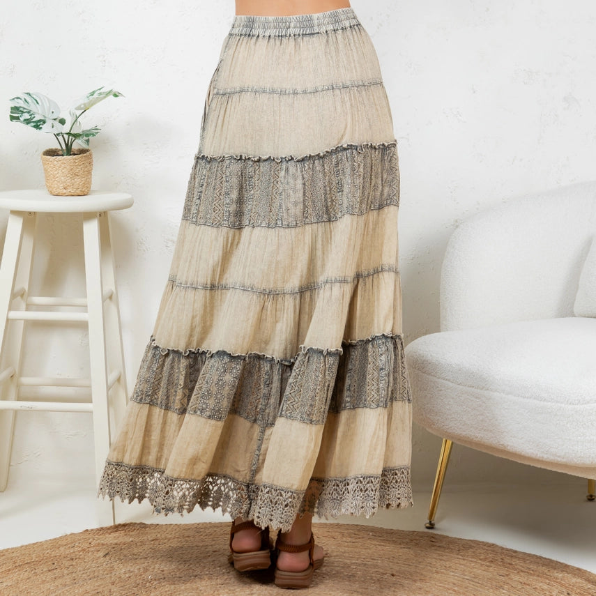 7 Tiered Crinkle Lace Patchwork Skirt Latte