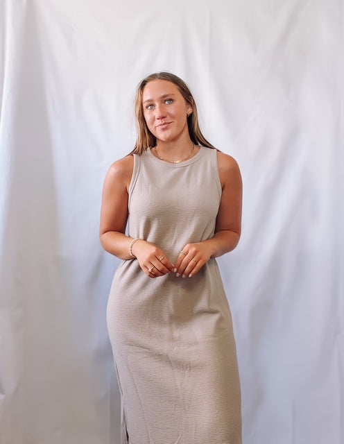 Round Neck Sleeveless Cloudy Knit Maxi Dress Taupe