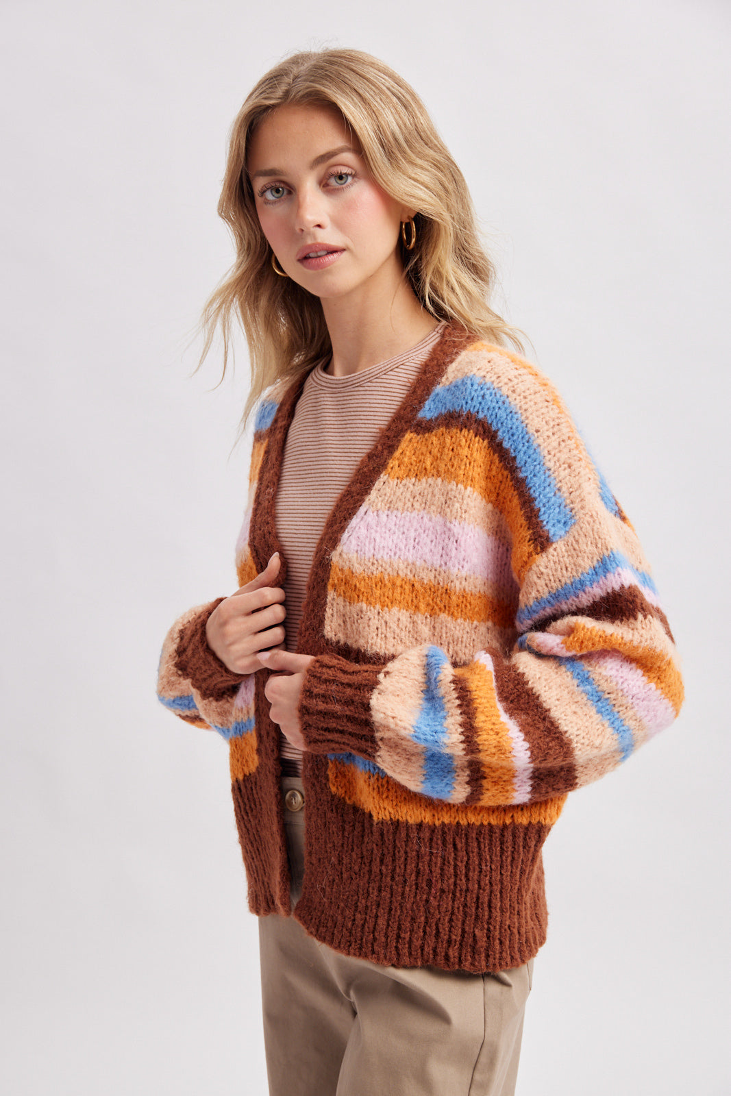 Colorblock Striped Sweater Cardigan Mocha + Sunkist
