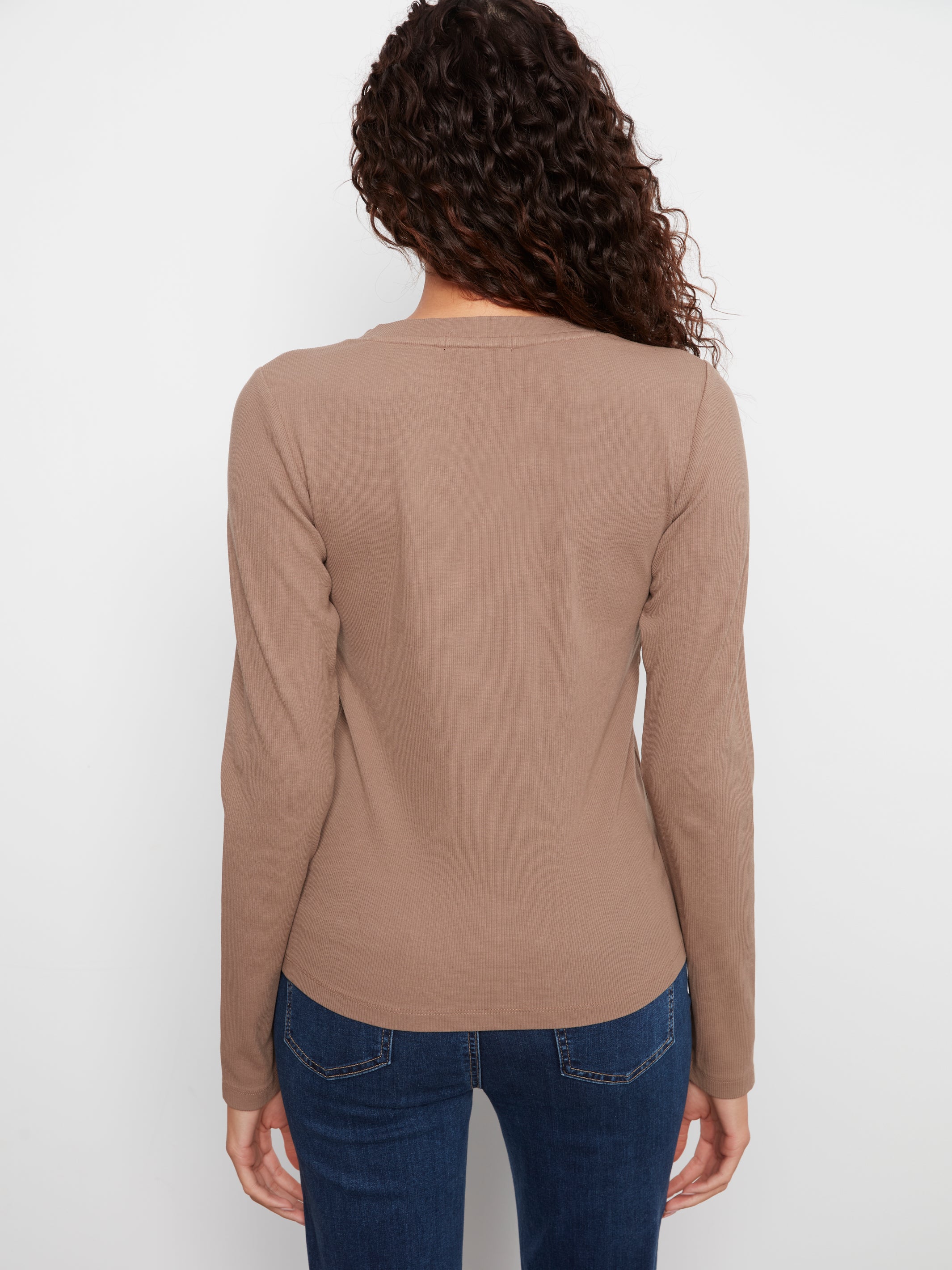 Tencel Ribbed Long Sleeve Vneck Top Taupe