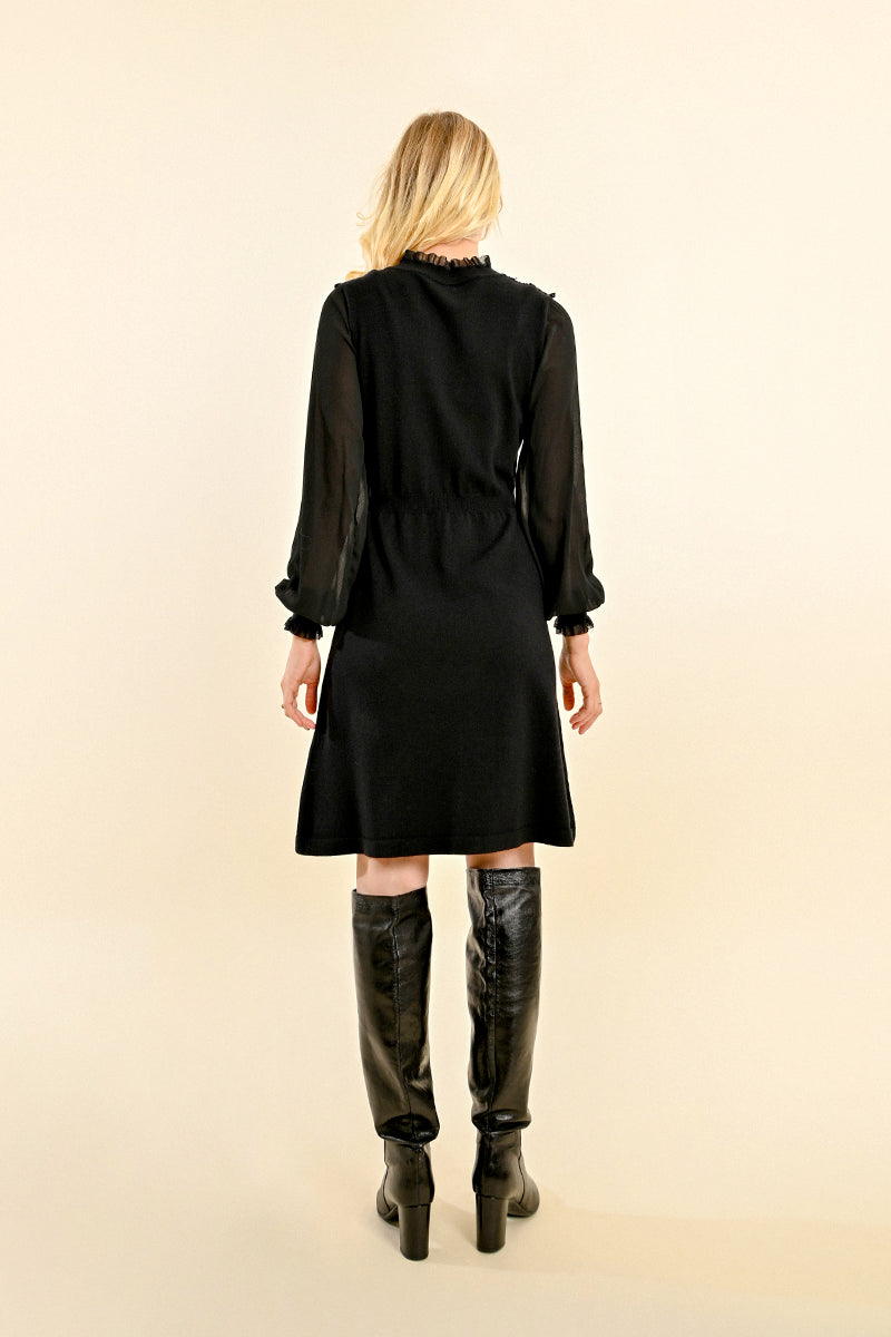 Ruffle Mock Neck Embroidered Front Dress Black