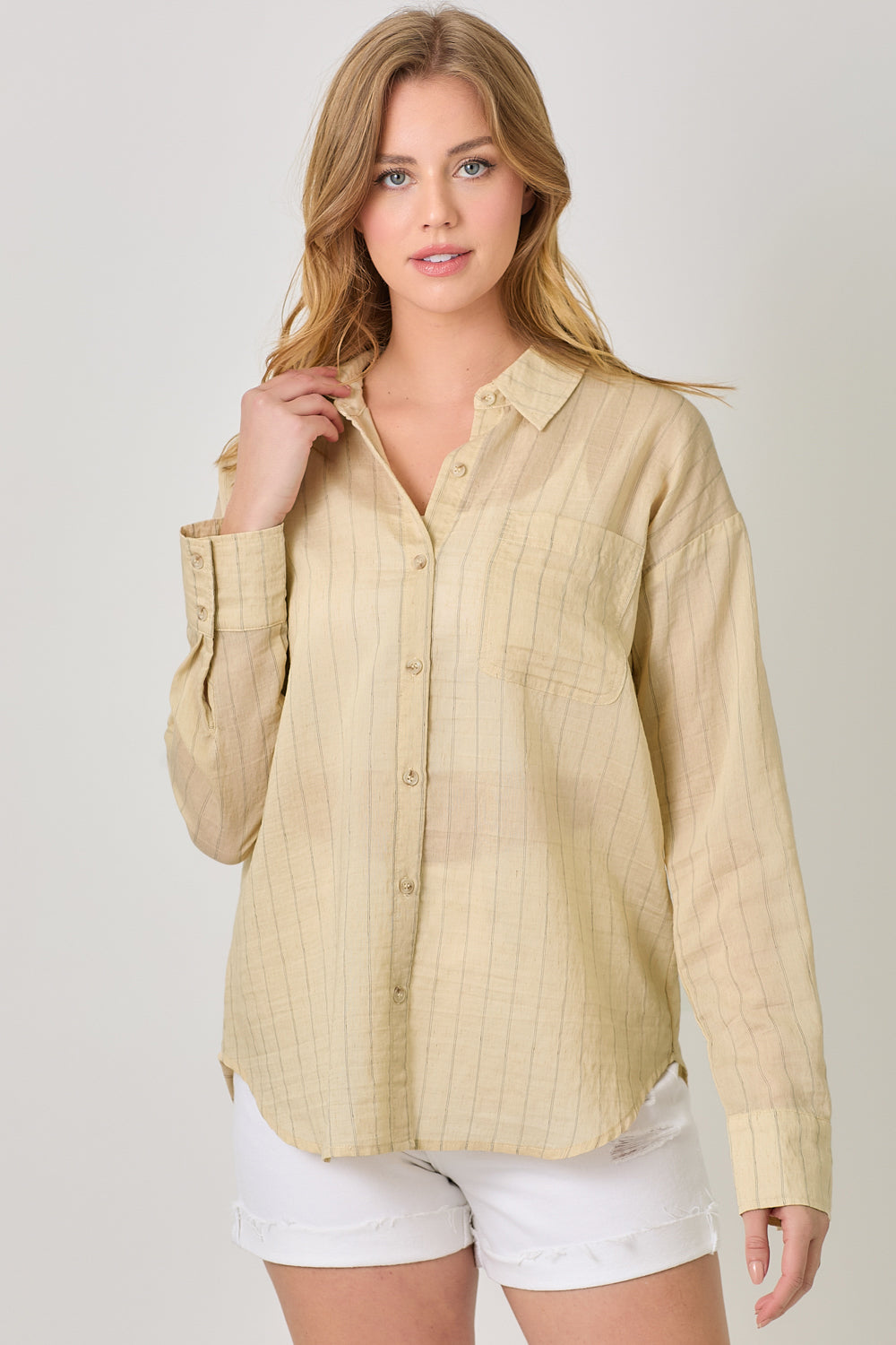 Pinstripe Single Pocket Button Down Shirt Milk Tea