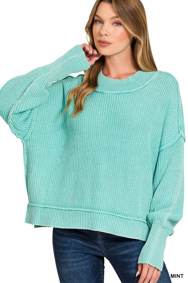Washed Side Slit Oversize Cropped Sweater Mint