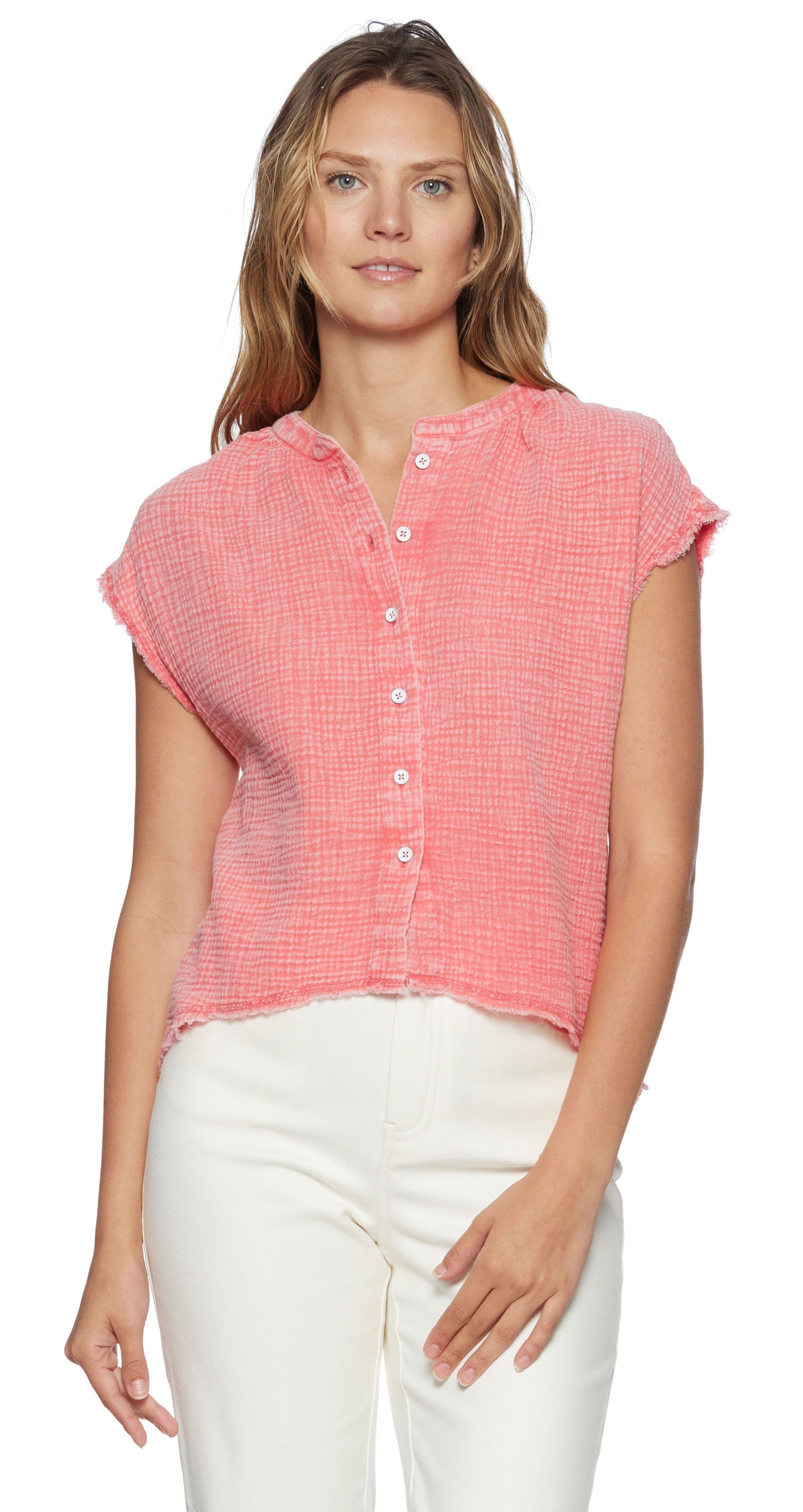 Amberly Button Down Gauze Short Sleeve Coral