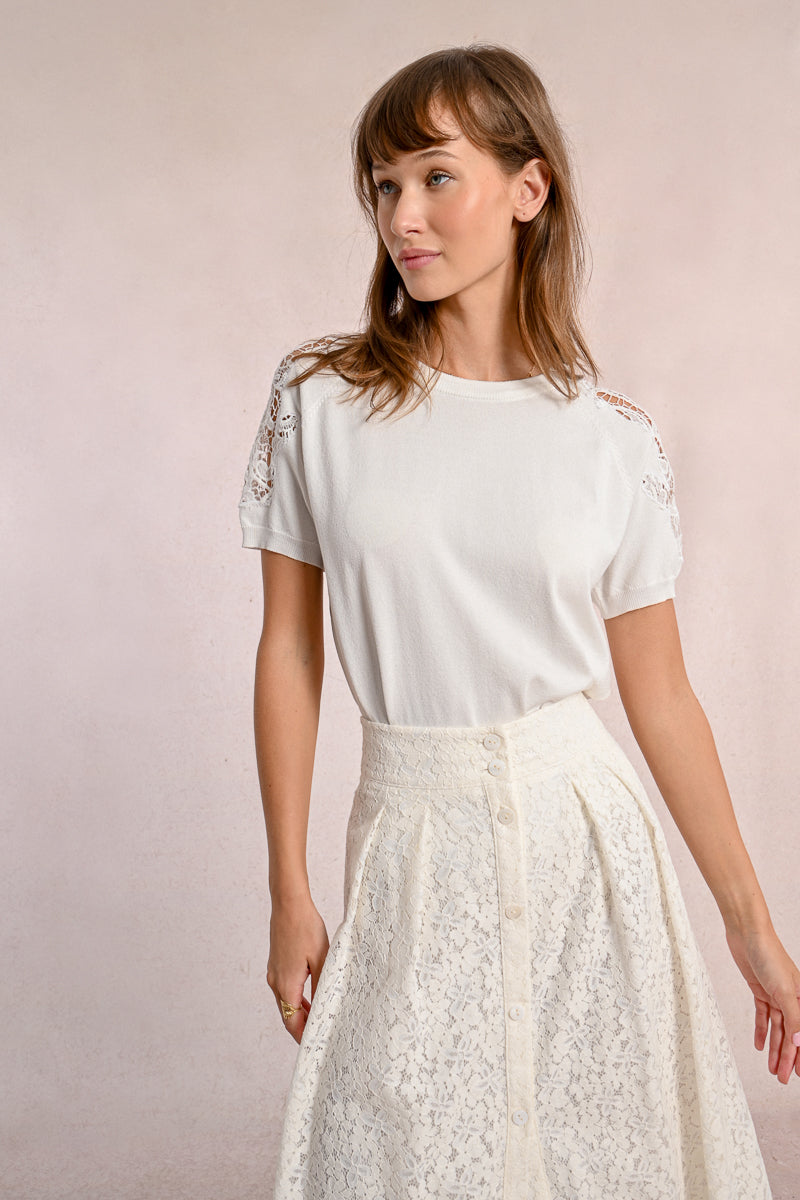 Lace Crochet Short Sleeve Sweater Top Off White
