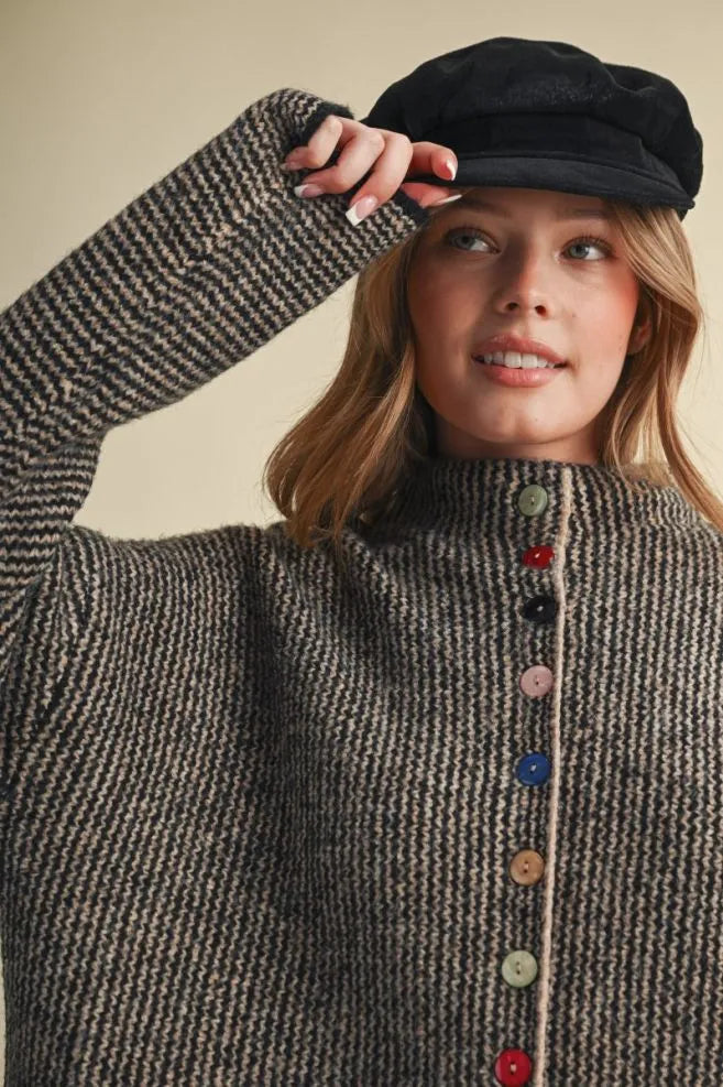 Colored Buttons Two Tone Mock Neck Cardi