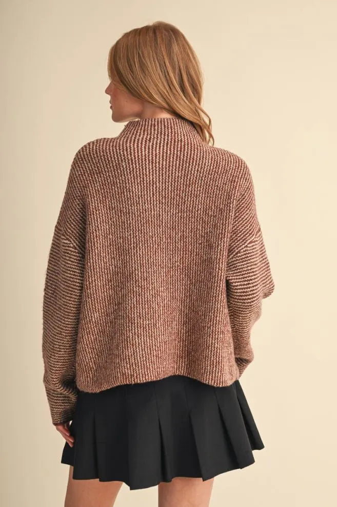 Colored Buttons Two Tone Mock Neck Cardi