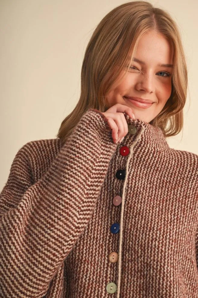 Colored Buttons Two Tone Mock Neck Cardi