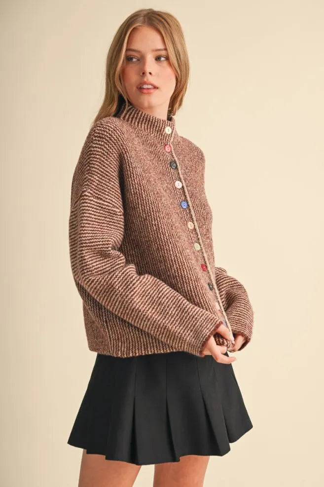 Colored Buttons Two Tone Mock Neck Cardi