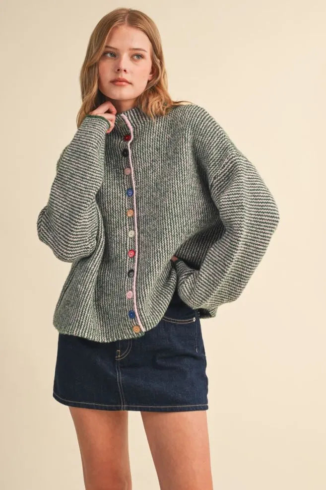 Colored Buttons Two Tone Mock Neck Cardi