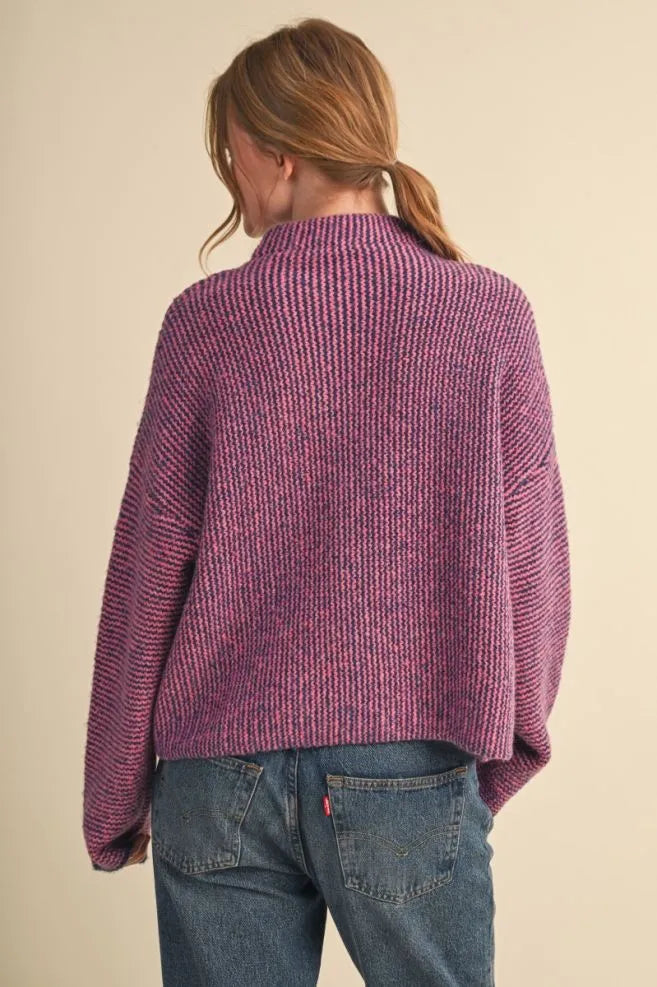 Colored Buttons Two Tone Mock Neck Cardi