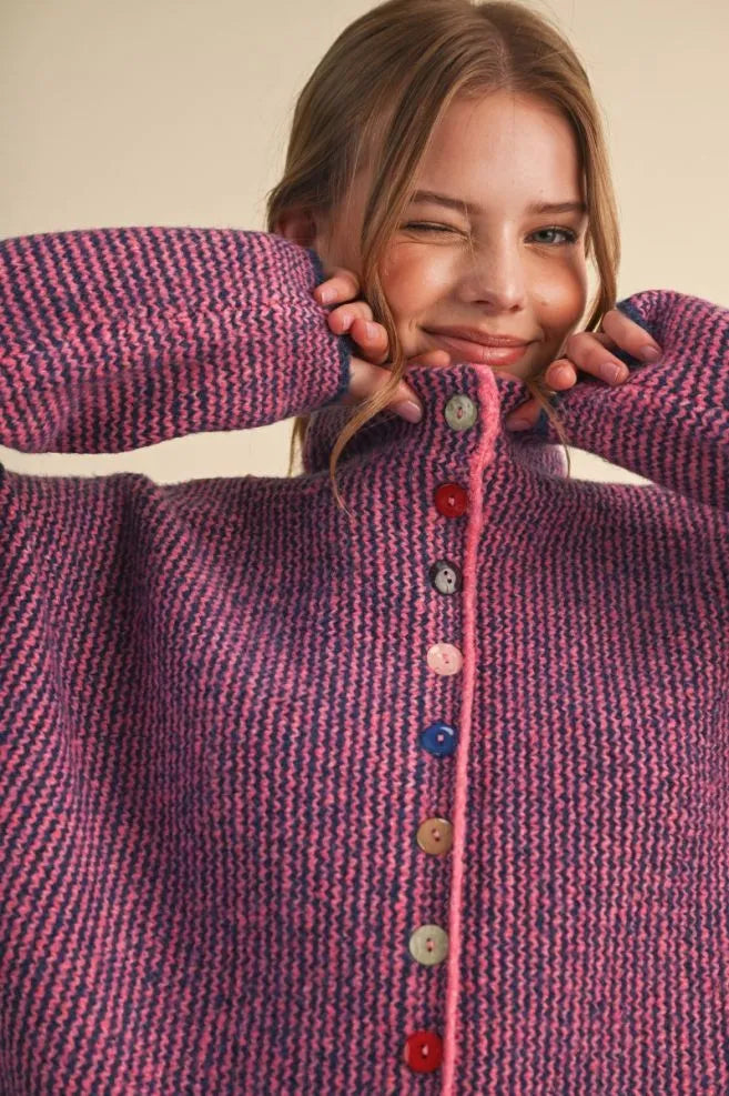 Colored Buttons Two Tone Mock Neck Cardi