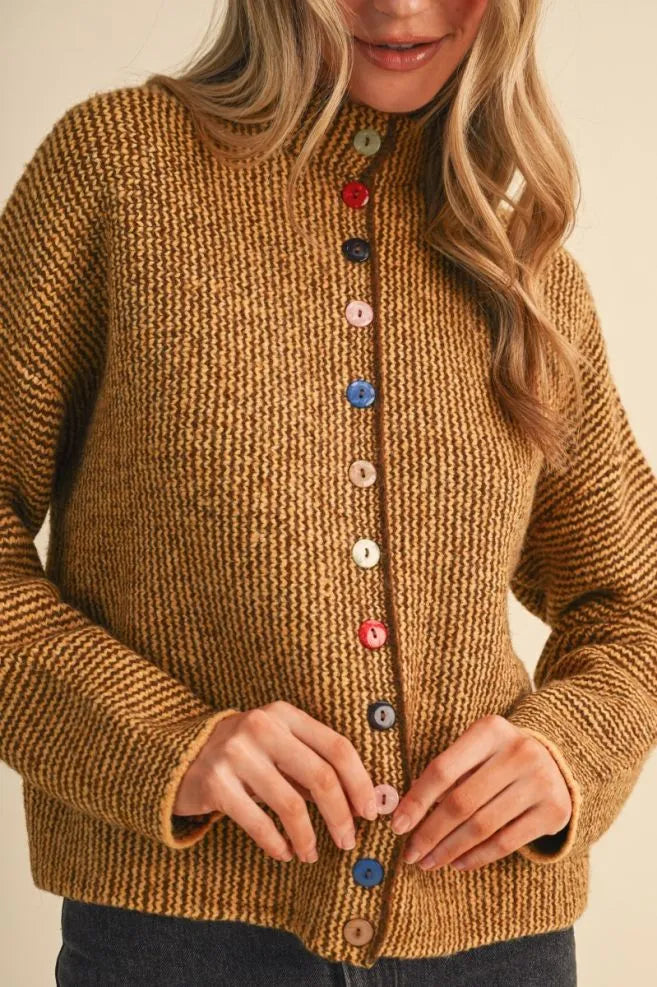 Colored Buttons Two Tone Mock Neck Cardi