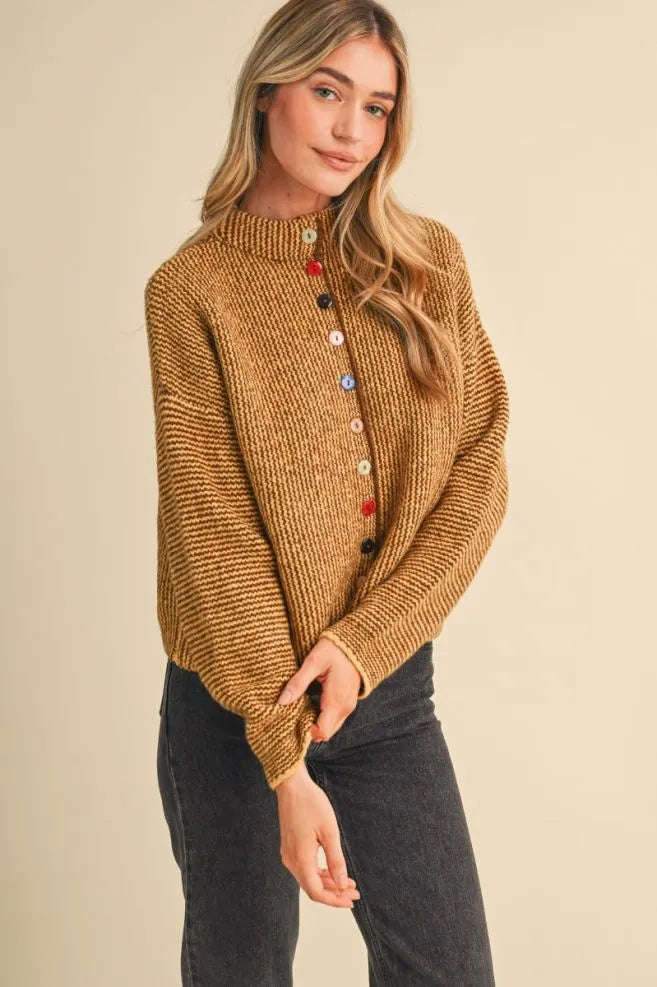 Colored Buttons Two Tone Mock Neck Cardi