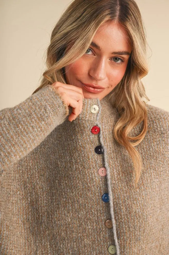 Colored Buttons Two Tone Mock Neck Cardi