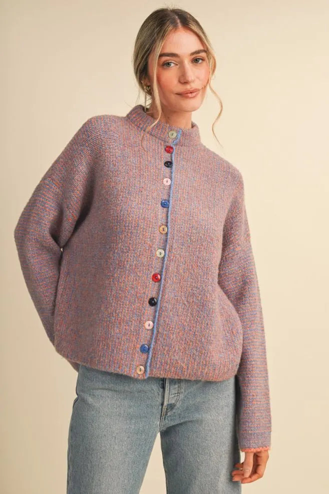 Colored Buttons Two Tone Mock Neck Cardi