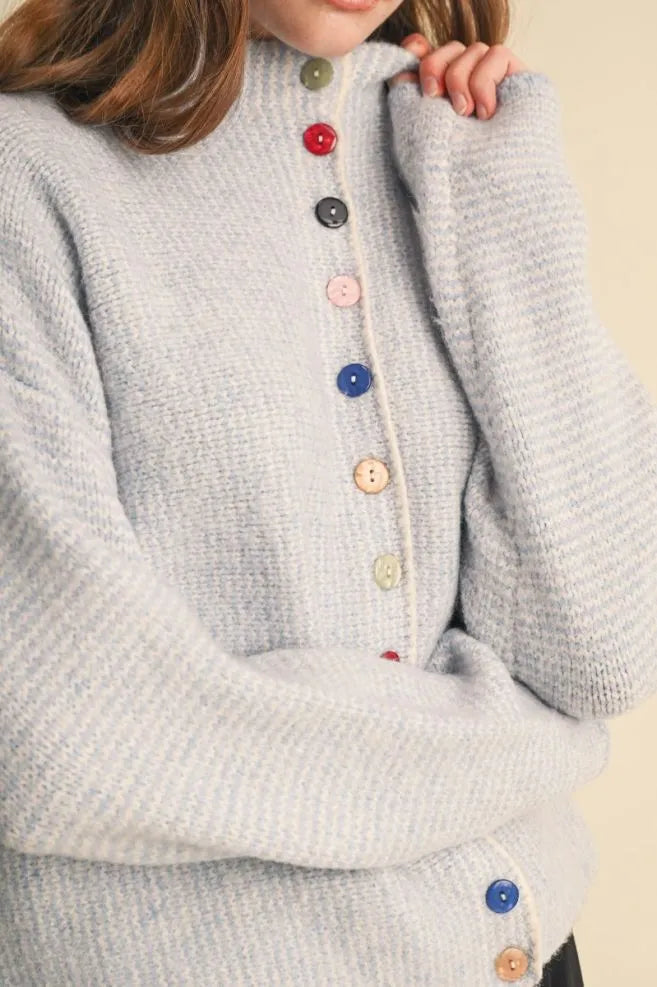 Colored Buttons Two Tone Mock Neck Cardi