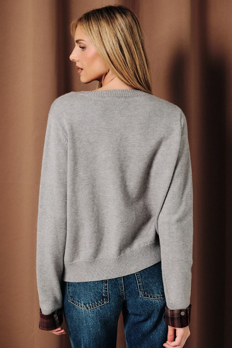 Plaid Contrast Detail Sweater Cardigan - Heather Grey