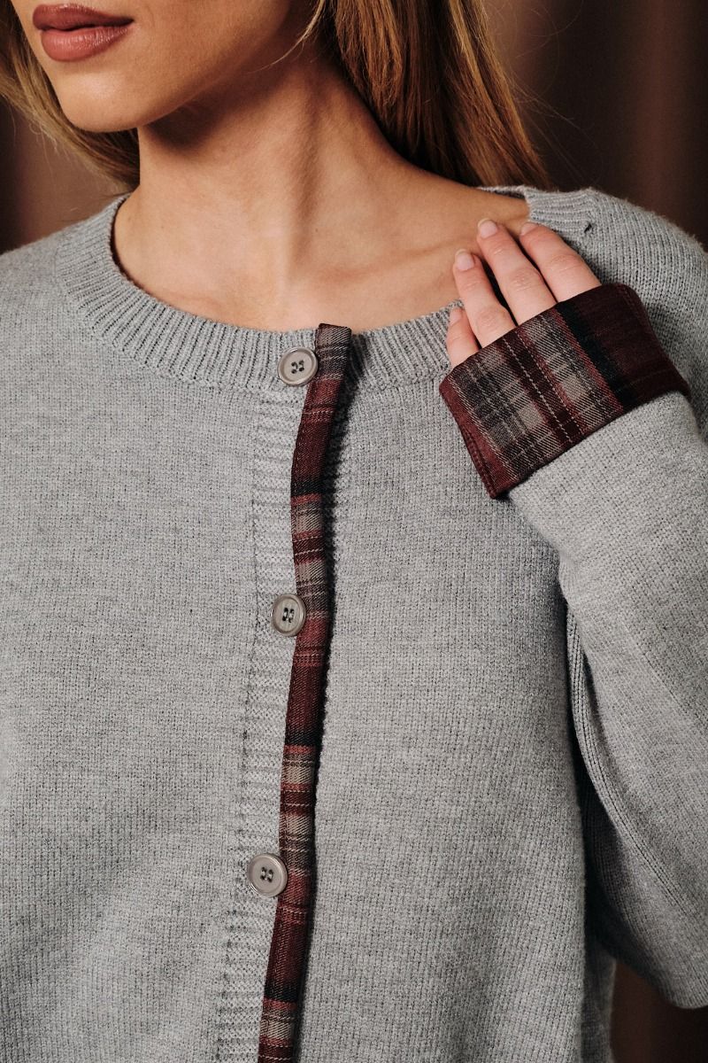 Plaid Contrast Detail Sweater Cardigan - Heather Grey