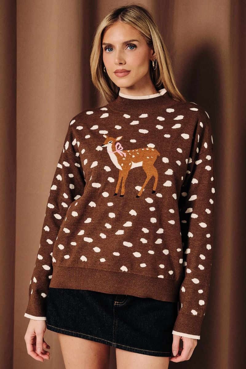 Mock Neck Deer Print Graphic Sweater