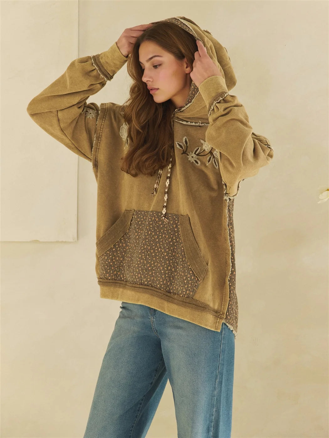 Washed Long Sleeve Embroidered Mixed Hoodie